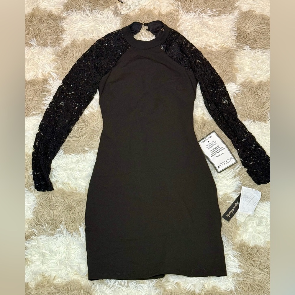 Sequin Hearts Black Dress with Lace Long Sleeves & Open back